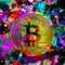 Colorful bitcoin with bright paint splatters on white background, cryptocurrency concept