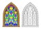 Colorful and black and white illustration of Gothic stained glass window. Coloring book for children and adults. Medieval