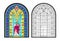 Colorful and black and white illustration of Gothic stained glass window with Peter the Apostle. Coloring book for children and