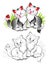 Colorful and black and white page for coloring book for kids. Illustration of two cute little smiling kittens.