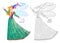 Colorful and black and white page for kids coloring book. Fantasy drawing of beautiful fairyland fairy in fashionable dress.