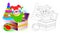 Colorful and black and white pattern for coloring. Set of cute baby toys with clown, ball and pyramid.