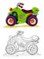Colorful and black and white template for coloring. Cute toy quad bike model. Illustration for boys. Worksheet for kids. Coloring