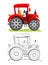 Colorful and black and white template for coloring. Cute toy tractor model. Illustration for boys. Worksheet for kids. Coloring