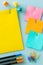 A colorful, blank note cards. Colorful office staples, washed out paper balls, Space for an inscription, Concept