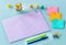 A colorful, blank note cards. Colorful office staples, washed out paper balls, Space for an inscription, Concept