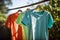 Colorful blank t-shirt hanging in back yard. Clothes waste and fast fashion concept.