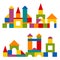 Colorful blocks toy building tower, castle, house