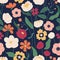 Colorful blooming flowers seamless pattern. Elegant botanical wallpaper template vector flat illustration. Romantic
