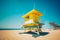 Colorful blue and yellow lifeguard station on beach with palm trees and blue sky, copy space. Generative AI