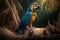 Colorful Blue-and-yellow Macaw Full Body In Forest. Colorful and Vibrant Animal.