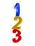 Colorful blue, yellow and red numbers one, two and three stacked over white background, education or playing concept