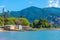 Colorful boat sheds at Queen Charlotte sound at New Zealand