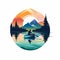 Colorful Boating Logo With Hiker In Mountainous Landscape
