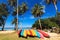 Colorful boats and coconut palms