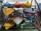 Colorful boats folded on the beach across sea and sky. vacation. Aquatics, water sport, kayaking.