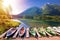 Colorful boats on Hintersee lake in Berchtesgaden Alpine landscape sunrise view