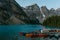 Colorful boats at Moraine Lake, Alberta, Canada