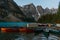 Colorful boats at Moraine Lake, Alberta, Canada