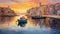 Colorful Boats And Sunset Reflections: A Vibrant Impressionist Painting