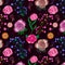 Colorful bold pink floral seamless pattern over deep purple background