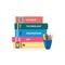 Colorful book stack with school subject names - education poster concept