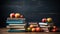Colorful books stacked neatly on a table with a chalkboard in the background, educational photo