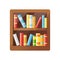 Colorful books on wooden shelf. Bookshelf icon.