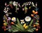 Colorful botanical wreath with flowers and berries on a black background.Generative AI