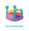 Colorful bouncy inflatable castle, tower, playground equipment for children. Vector illustration