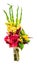 Colorful bouquet of amaryllis, gladioli, sunflowers, fruits.