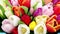 Colorful bouquet of tulips on blue background in 4K VIDEO. Spring tulip flowers.