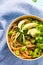 Colorful Bowl with Noodles, Avocado,Broccoli and Edamame Beans. Clean Eating