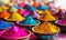 Colorful bowls filled with vibrant holi paints, holi background photo