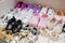 Colorful brand new baby girl shoes inside closet