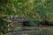 Colorful bridge over a stream in cozy park