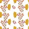 Colorful bright autumn background with maples, oaks, chestnut trees and elms leaves, red berries and acorns. Hand drawn vector