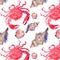 Colorful bright beautiful lovely summer sea tasty delicious pattern of red crabs and tender pastel seashells watercolor hand illus