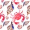 Colorful bright beautiful lovely summer sea tasty delicious pattern of red crabs and tender pastel seashells watercolor hand illus