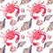 Colorful bright beautiful lovely summer sea tasty delicious pattern of red crabs and tender pastel seashells watercolor hand illus