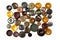 Colorful bright brown, beige and ochre buttons background. Old vintage buttons close-up. Top view. Background of buttons in