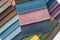 Colorful and bright curtains fabric pattern palette texture samples as abstract textile background. Handmade, clothes and