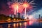 Colorful bright fireworks on the background of the city, view of the embankment, reflection in the water, festive