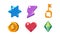 Colorful bright jelly shapes set, crystal, key, lightning, coin, star, heart, user interface assets for mobile apps or