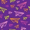 Colorful and Bright Origami Paper Planes Seamless Pattern on Purple
