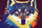 Colorful bright portrait of a wolf. Bright expressive colorful print. AI-generated