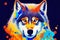 Colorful bright portrait of a wolf. Bright wolfs head. Expressive colorful print. AI-generated