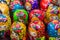 Colorful bright russian nesting dolls Matrioshka at the street market at Old Arbat street, iconic popular souvenir from Russia.