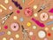 Colorful brown carnival background with donuts and other funny items