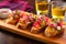 colorful bruschetta with pickled turnips and cable knit background